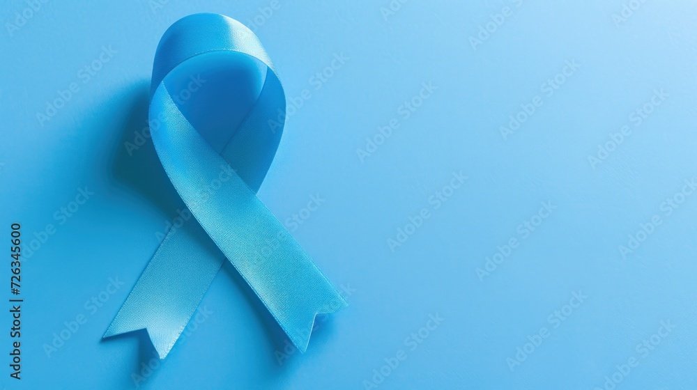 Blue ribbon on Blue background. symbol of AIDS and HIV. Copy space for text. generative AI - obrazy, fototapety, plakaty 