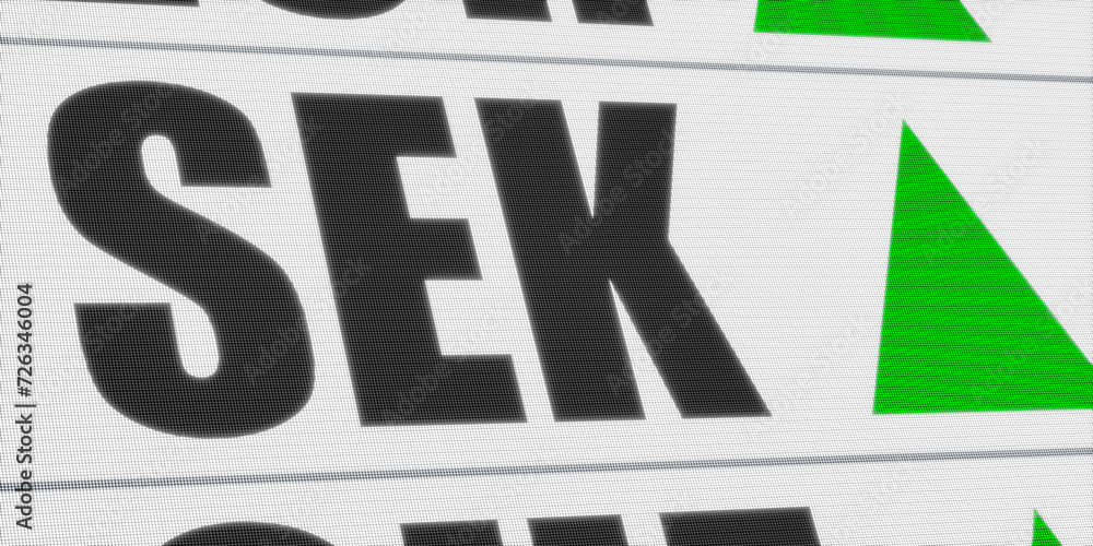 Sweden krone currency symbol and green arrow, rising SEK. Currency exchange, trading, global business. Sweden krone currency symbol and green arrow, rising SEK. Currency exchange, trading, global business.