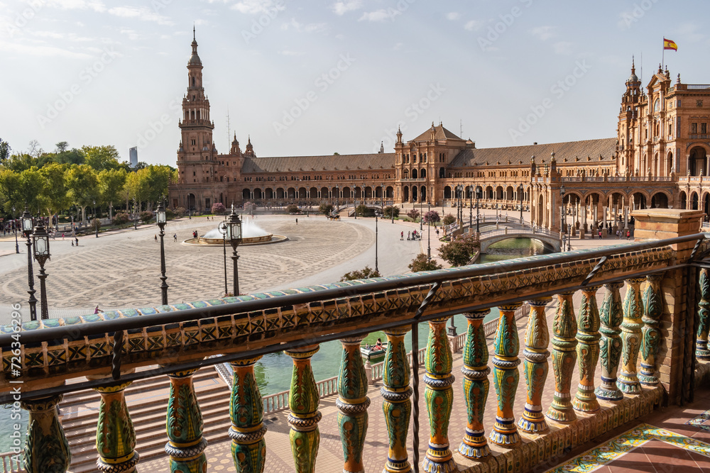 Colorful and ceramic balustrade overlooking Plaza de España and the lake, Seville SPAIN