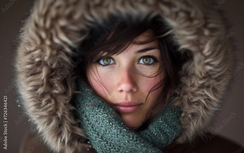 Multiracial Woman Wearing Fur Hood With Scarf Multiracial Woman Wearing Fur Hood With Scarf