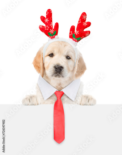 Cute Golden retriever puppy dressed like santa claus reindeer  Rudolf with necktie looks above empty white banner. isolated on white background