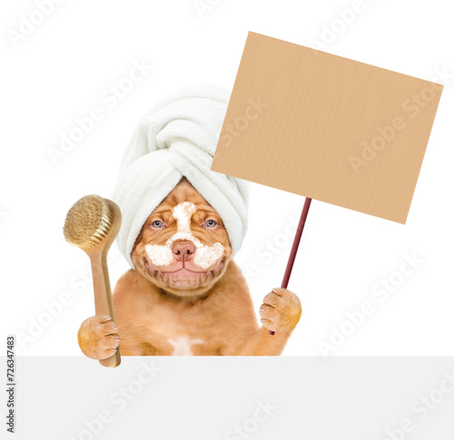 Happy Mastiff puppy with towel on it head, with cream on it face holds empty placard above empty white banner. isolated on white background
