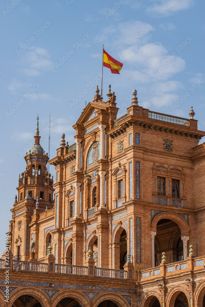 Fototapeta premium Detail and ornaments of central facade of orange palace in Plaza de España, Seville SPAIN