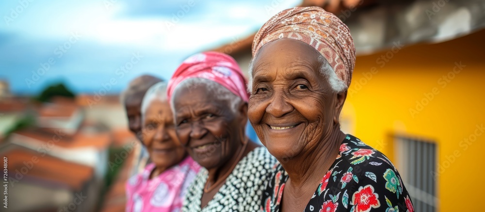 Elderly women from different backgrounds happily pose on a rooftop and smile at the camera.