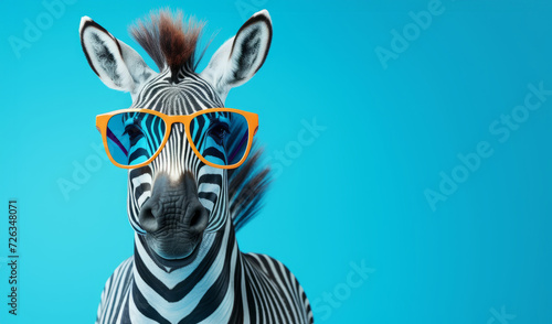 Stylish zebra with orange sunglasses on a blue background