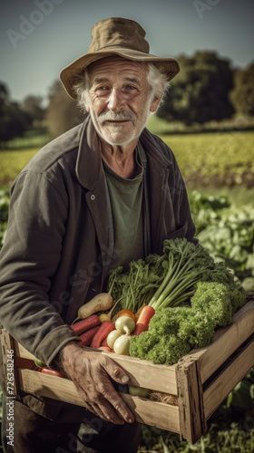 Older man holding a crate of vegetables in a field.