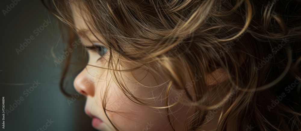 Shallow depth of field emphasizes buckled hair on child. Shallow depth of field emphasizes buckled hair on child.