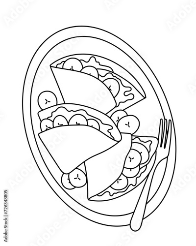 Pancakes with banana. Dessert, sweets. Coloring page, icon, black and white vector illustration.