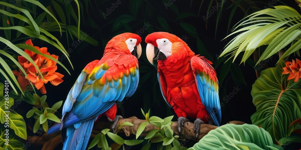 Obraz premium Two Colorful Parrots on Branch