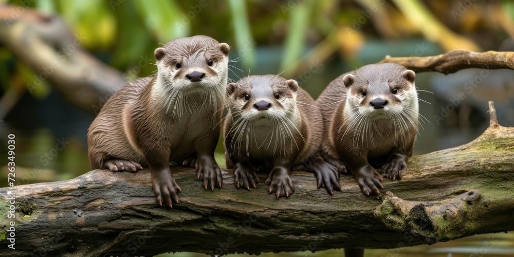 Fototapeta premium Three Otters Perched on Tree Branch
