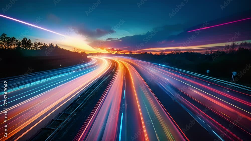 The continuous flow of traffic on the highway captured in a long exposure shot transforming the roads into a canvas of vibrant light streaks. The continuous flow of traffic on the highway captured in a long exposure shot transforming the roads into a canvas of vibrant light streaks.