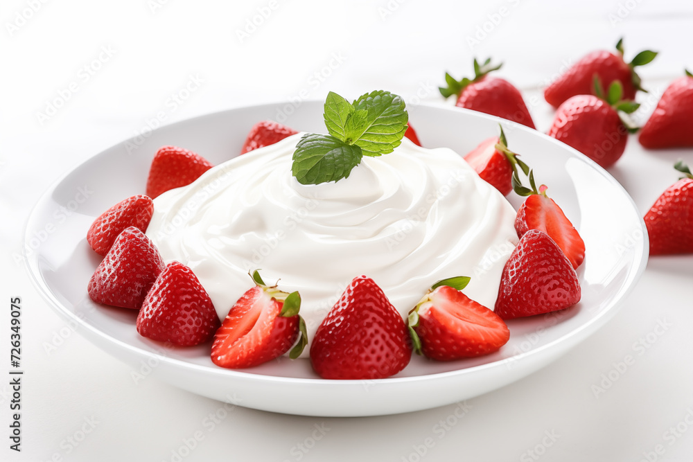 a plate of sour cream with a lot of strawberries in it on the white table
a plate of sour cream with a lot of strawberries in it on the white table