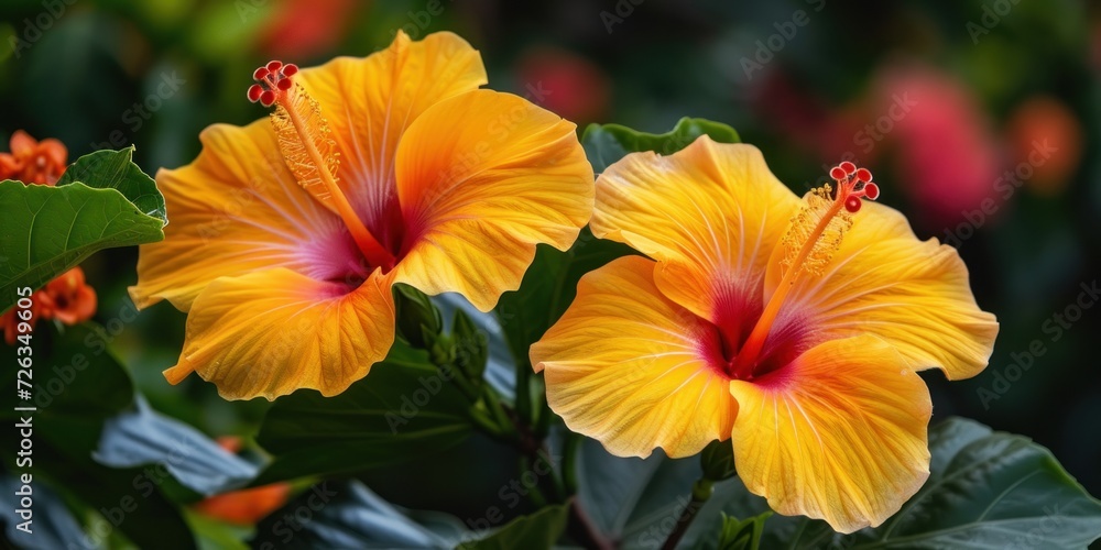 Two Yellow Flowers With Red Centers and Green Leaves Two Yellow Flowers With Red Centers and Green Leaves