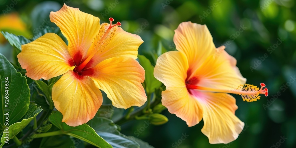 Fototapeta premium Two Yellow Flowers With Green Leaves