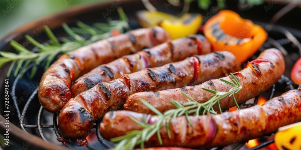 Sausages and Peppers Cooking on Grill Sausages and Peppers Cooking on Grill