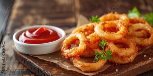 Onion Rings With Ketchup on Cutting Board