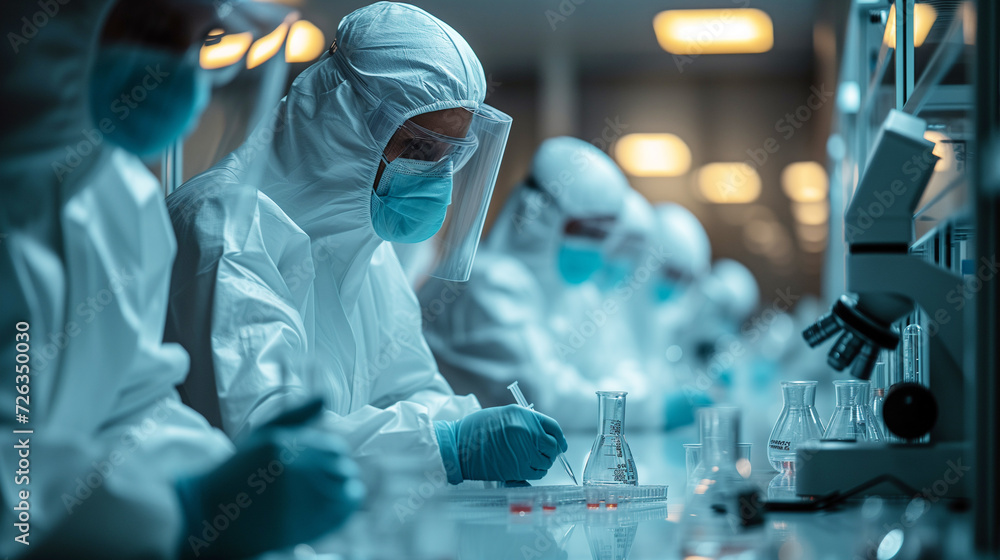 Group of Scientists wear Face Mask and PPE suit working in Lab while Checking Blood Sample by micro scope. Group of Scientists wear Face Mask and PPE suit working in Lab while Checking Blood Sample by micro scope.