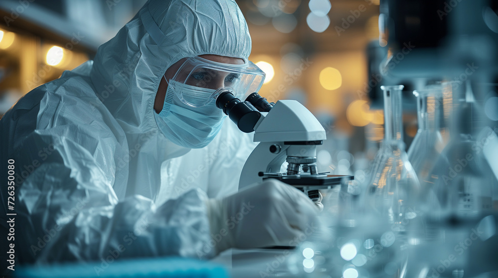 Group of Scientists wear Face Mask and PPE suit working in Lab while Checking Blood Sample by micro scope. Group of Scientists wear Face Mask and PPE suit working in Lab while Checking Blood Sample by micro scope.