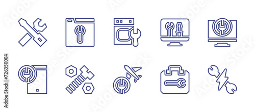 Repair line icon set. Editable stroke. Vector illustration. Containing repair box, dryer, tools, computer, plane, tablet, electrician, bolt, maintenance.