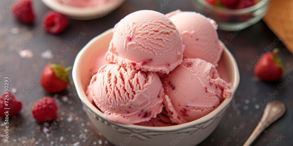 Bowl of Ice Cream With Raspberries on the Side Bowl of Ice Cream With Raspberries on the Side