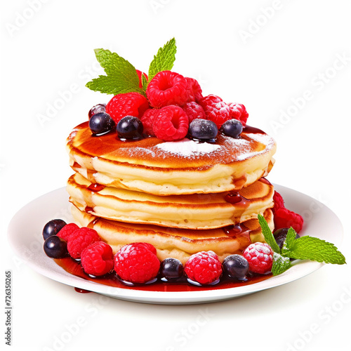 Breakfast pancake with berries on a plate with isolated white background - ai generative