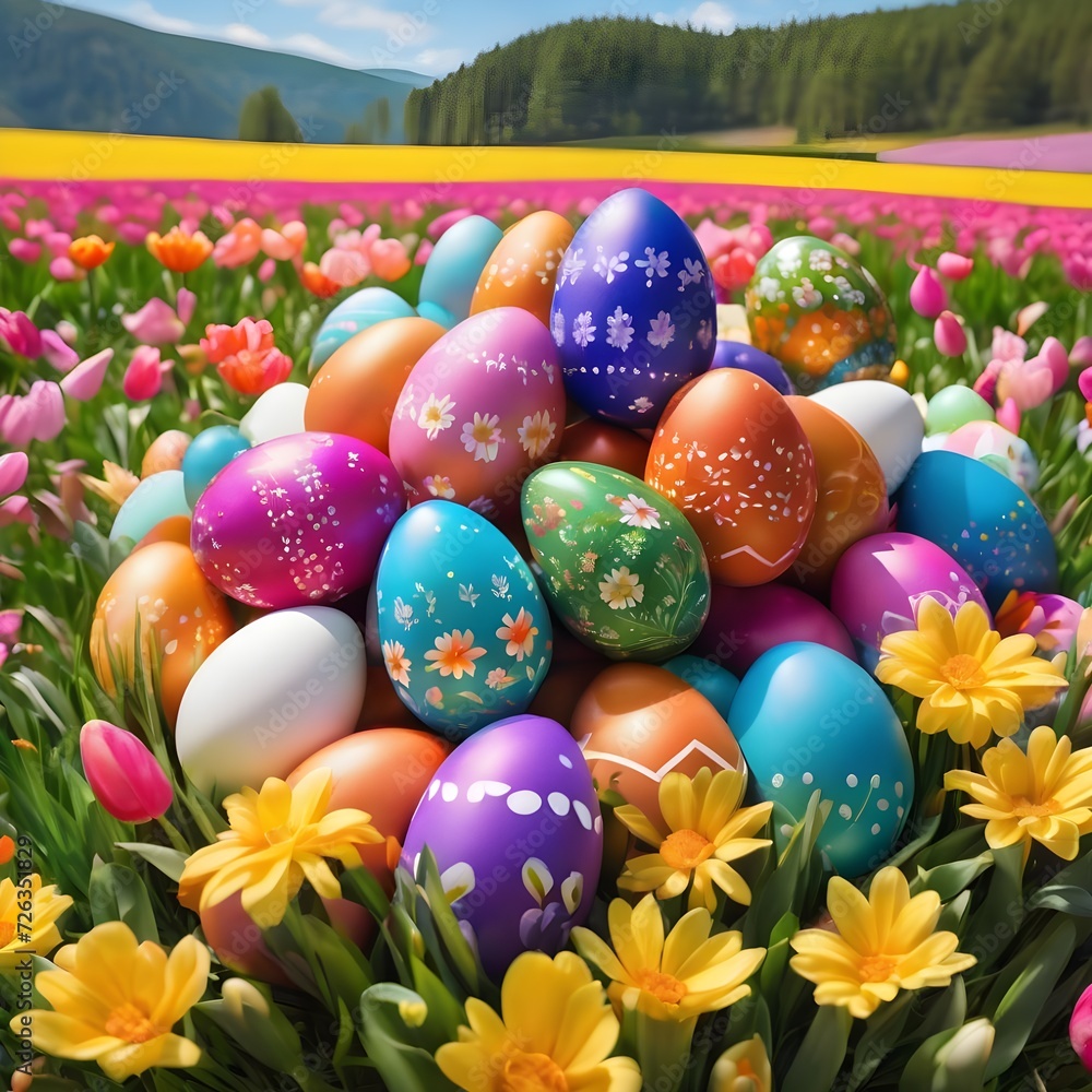 Easter Eggs Basket in a Flowerfield Easter Eggs Basket in a Flowerfield