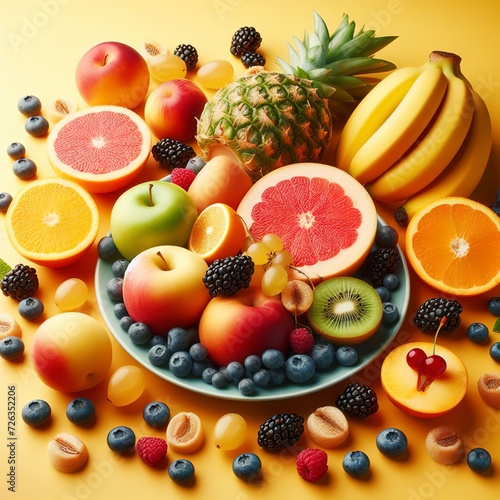 Ripe fresh fruit on a yellow background