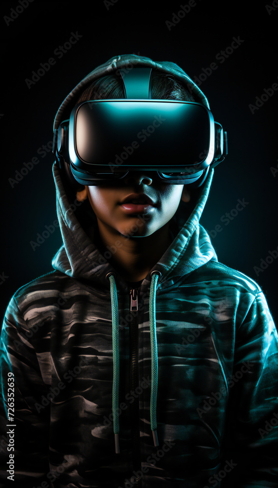 Vertical recreation of a boy with a virtual reality goggles Vertical recreation of a boy with a virtual reality goggles