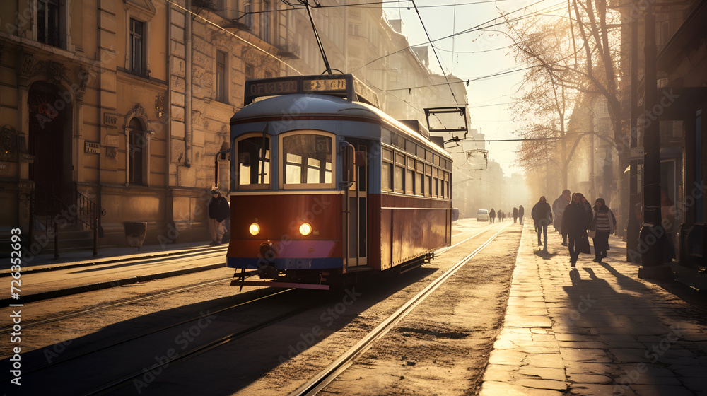 Vintage Tram in Old City Streets: Historic Urban Transport