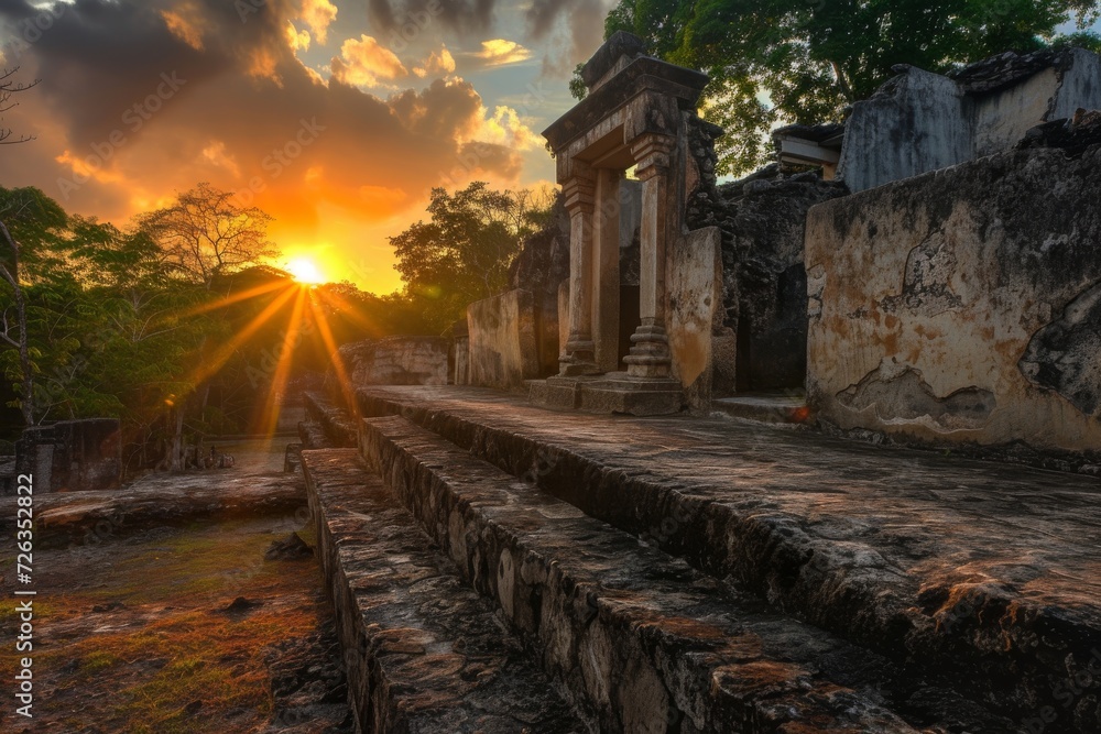 An ancient ruins site at sunset, offering a window into the past and the mysteries of historical civilizations.