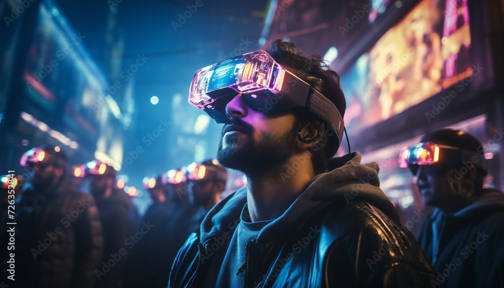 Recreation of a young man with a virtual reality goggles in a street of the multiverse	
