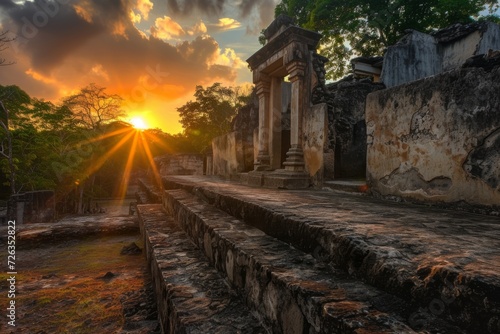 An ancient ruins site at sunset, offering a window into the past and the mysteries of historical civilizations. photo