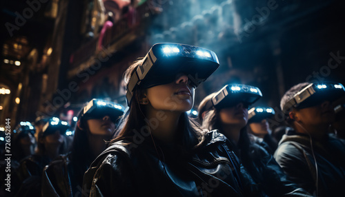 Recreation of young's with virtual reality goggles watching in a street of the multiverse   © bmicrostock