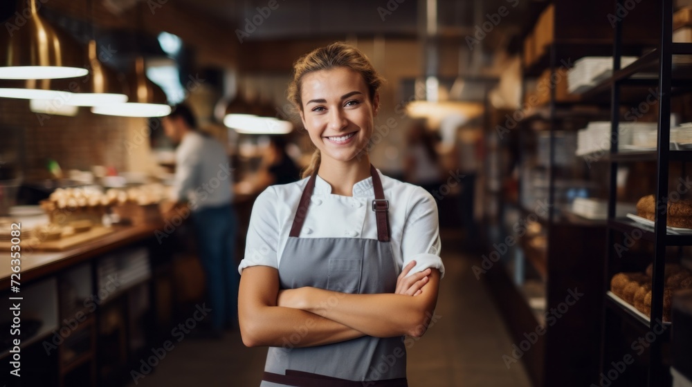 Portrait of a happy smiling pastry chef smiling against the background of a restaurant kitchen. Portrait of a happy smiling pastry chef smiling against the background of a restaurant kitchen.