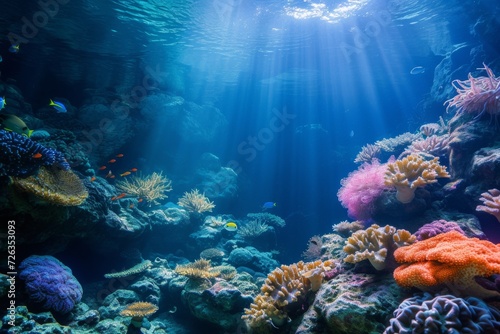 An ethereal underwater scene with colorful coral and diverse marine life, showcasing the beauty of the ocean's depths