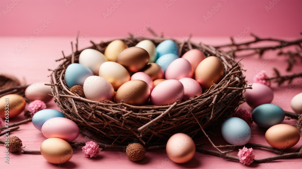 nest made of twigs and flowers full of chocolate decorated Easter eggs on a colorful background nest made of twigs and flowers full of chocolate decorated Easter eggs on a colorful background