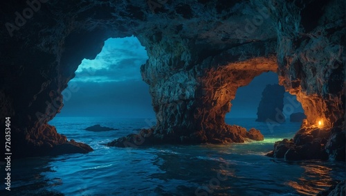 A mysterious ocean cave entrance at twilight, bioluminescent organisms casting an ethereal glow, ancient ruins partially submerged, hinting at hidden secrets and a sense of exploration, 3D rendering, 