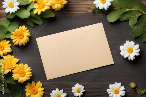 Yellow flowers and note on wooden background © dashtik