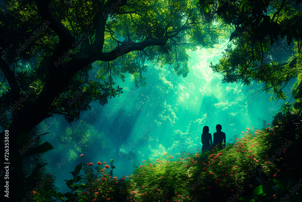 Reunion and Hope. Silhouetted against a mystic backdrop, a couple sits under the eternal tree, symbolizing undying love that transcends life and death. Reunion and Hope. Silhouetted against a mystic backdrop, a couple sits under the eternal tree, symbolizing undying love that transcends life and death.