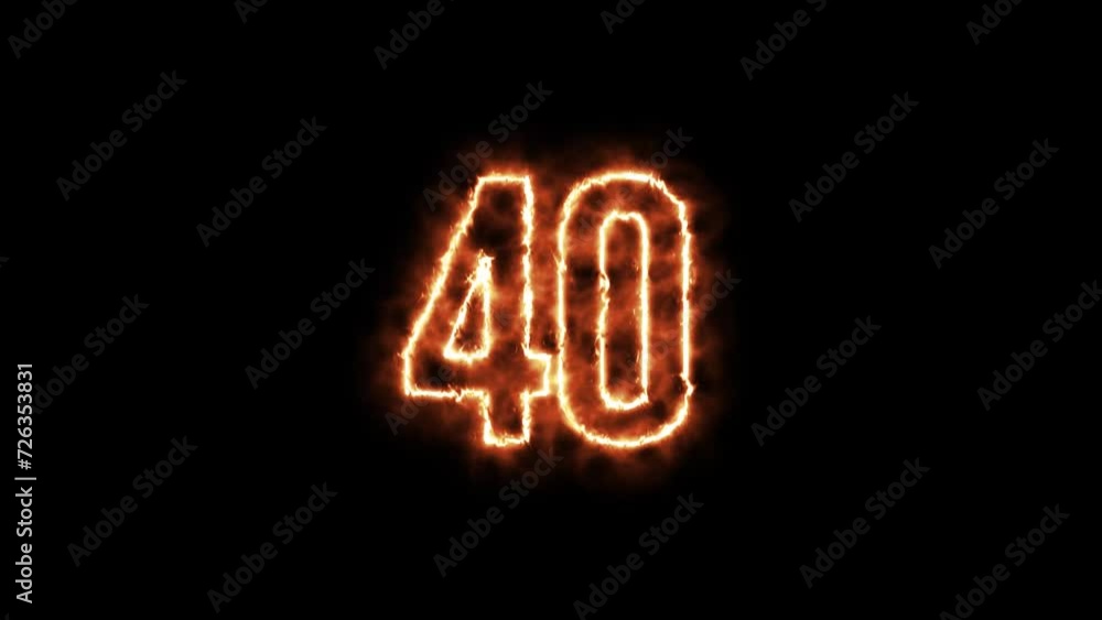Number 40 fire Animation on a black background. Number Forty is burning in flames Animation on Isolated Black Background
Number 40 fire Animation on a black background. Number Forty is burning in flames Animation on Isolated Black Background