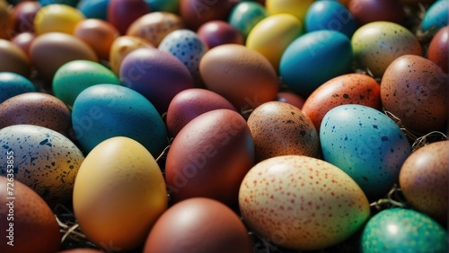 closeup view of colorful easter eggs background. generative, ai.