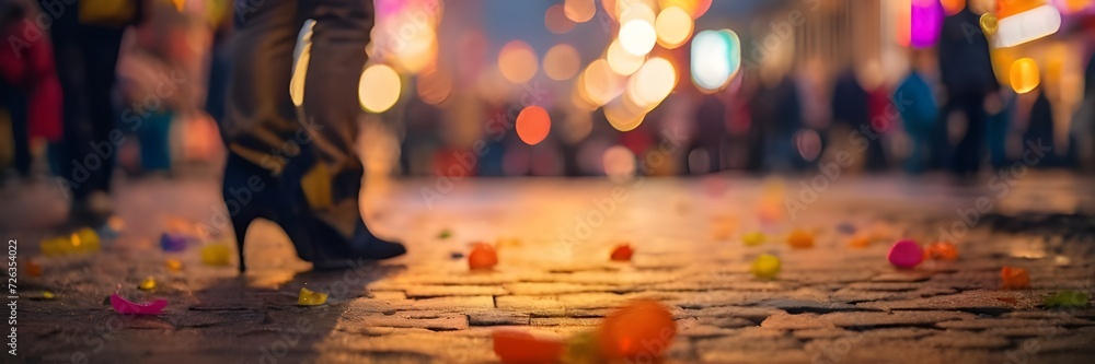 Evening, konfetti on the ground, carnival street , blurry background, ground photoshot Evening, konfetti on the ground, carnival street , blurry background, ground photoshot