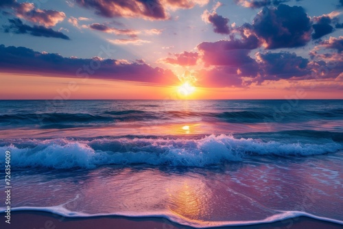 A dramatic sunset over a vast ocean with waves gently crashing onto the shore