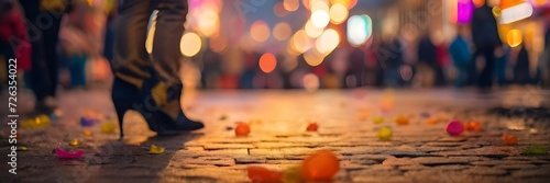Evening, konfetti on the ground, carnival street , blurry background, ground photoshot