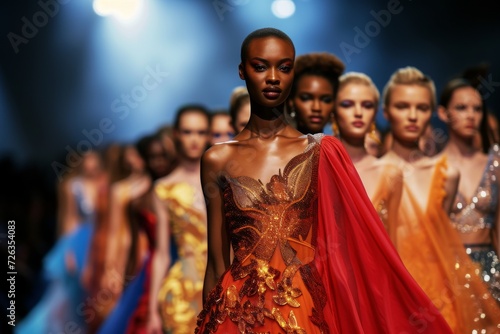 A high-end fashion runway show with models showcasing the latest designer collections
