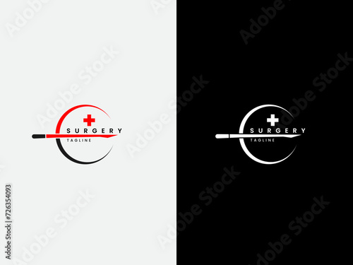  Surgical logo design template. Medical surgery. Health care. Surgical knife vector art. Premium. Doctor. Surgeon. Modern. Plus icon photo