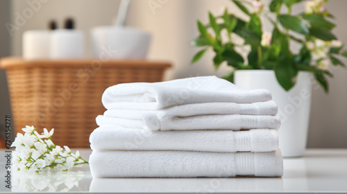 Stack of white clean towels on table in bathroom