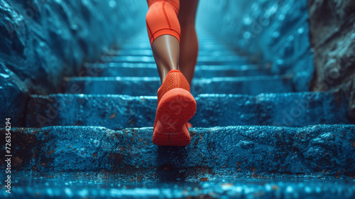 A woman wearing red running gear on some stairs photo