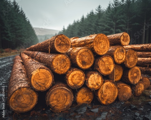 A massive stack of chopped tree logs in the woods  deforestation and logging picture