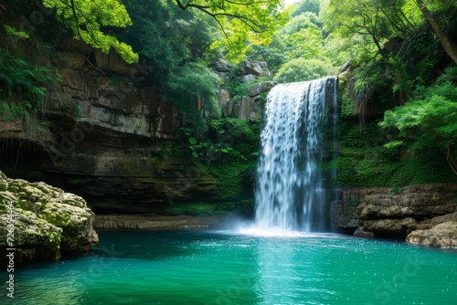 A majestic waterfall cascading into a tranquil pool, surrounded by vibrant green foliage. © furyon